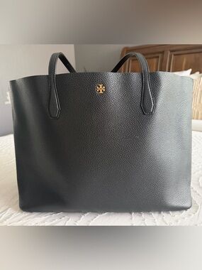 Tory Burch Black Pebbled Leather Tote with Gold Logo